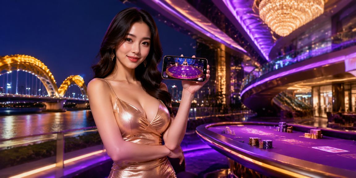 Bàn baccarat neon sáng rực tại Đà Nẵng về đêm – biểu tượng của trải nghiệm live casino hiện đại